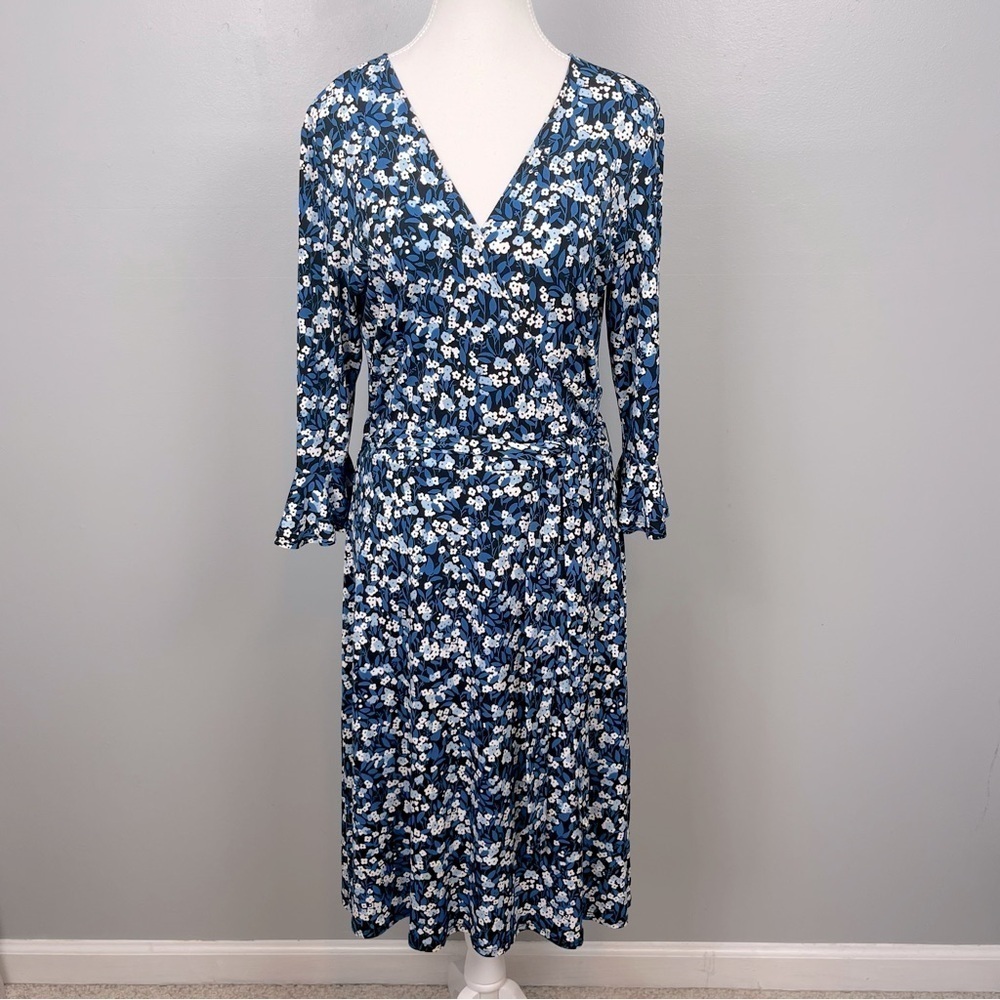 Leota Ryann black blue white floral faux wrap ruffle sleeve midi dress, medium.